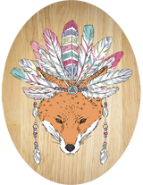 Tribal Fox Plywood Oval Wall Art, eco-friendly decor piece measuring 210mm x 280mm, perfect for adding character to any room.