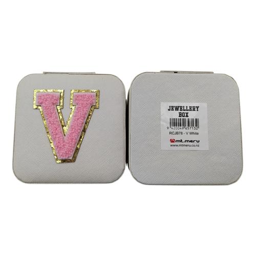 Initial V White PU Leather Jewellery Box 10cm