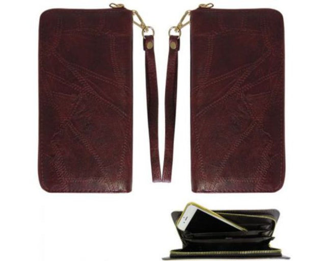 Stylish red wallet with RFID protection, hand strap, and space for a smartphone, measuring 20.5 x 10.5 x 2.5 cm.