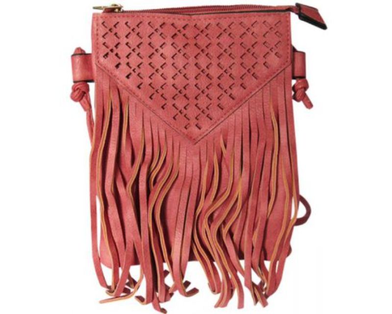 Blush pink shoulder bag with tassels, zip opening, spacious interior, and adjustable strap for versatile styling.
