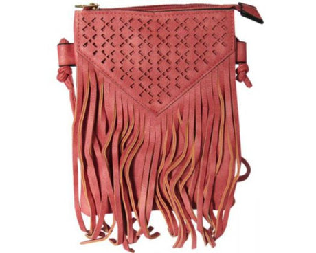 Blush pink shoulder bag with tassels, zip opening, spacious interior, and adjustable strap for versatile styling.