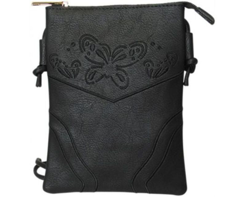 Chic black butterfly design shoulder bag in leather-look PU with zip top and back pocket for easy access.