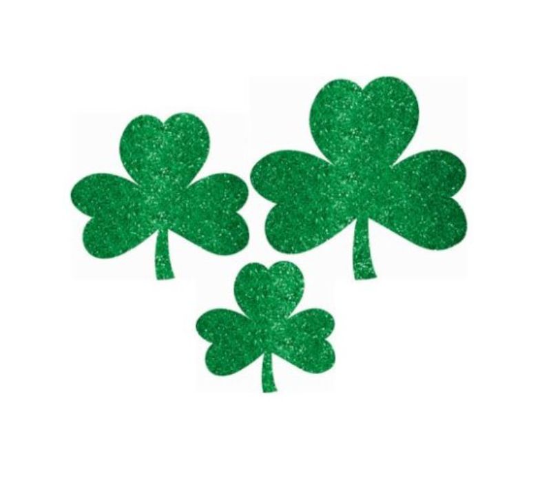 Pack of 10 assorted glitter shamrock cutouts in three sizes, perfect for St. Patrick's Day celebrations and crafts.