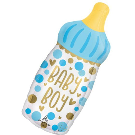 Self-sealing foil balloon in blue, 33cm x 79cm, designed for celebrating baby boys.