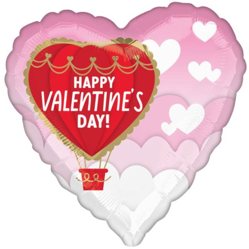 45cm foil hot air balloon with 'Happy Valentine's Day' message, perfect for romantic celebrations and decorations.