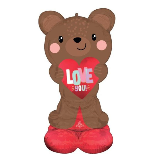 Satin brown AirLoonz Love You Bear balloon, 68cm x 124cm, includes straw and elastic strap for easy security.