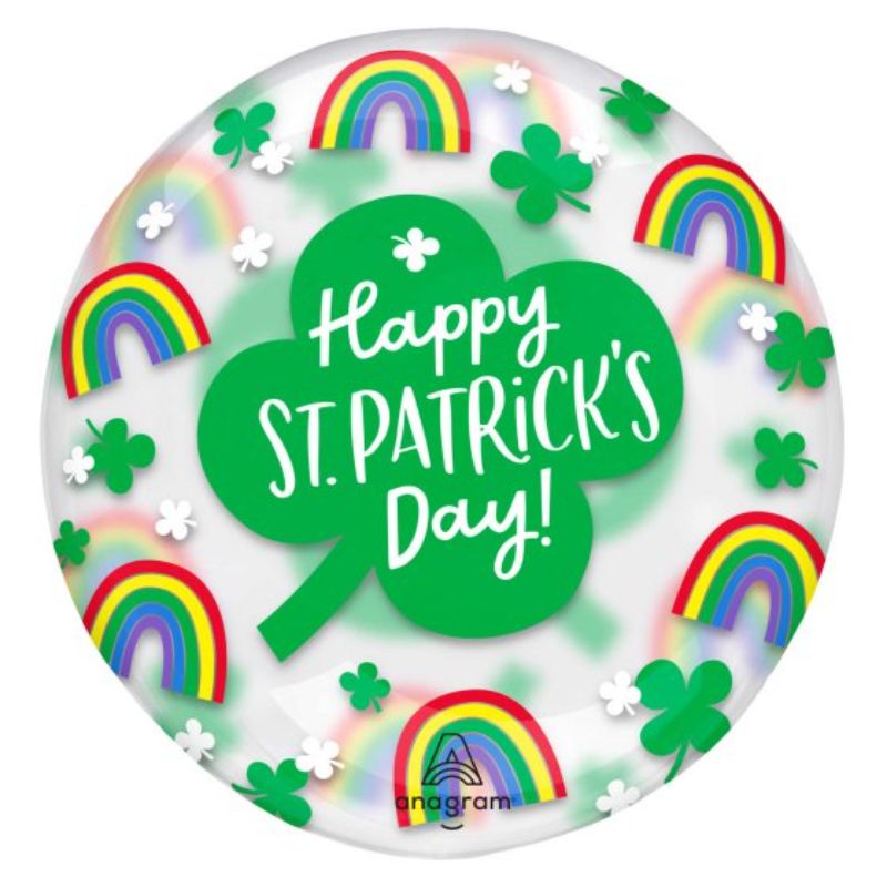 Bright rainbow and shamrock balloons for St. Patrick's Day celebrations, perfect for parties and festive decor.
