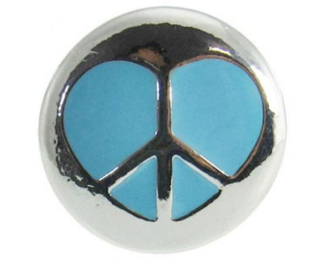 Vibrant blue snap featuring a peace symbol within a heart, perfect for fashion and self-expression.