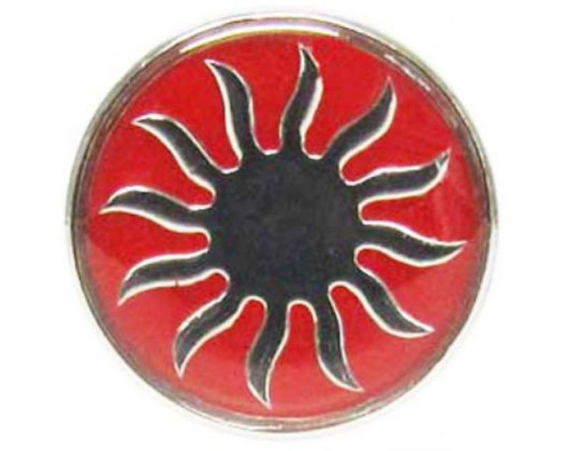 Vibrant red snap featuring an intricate Aztec sun design, perfect for stylish jewelry and accessories.