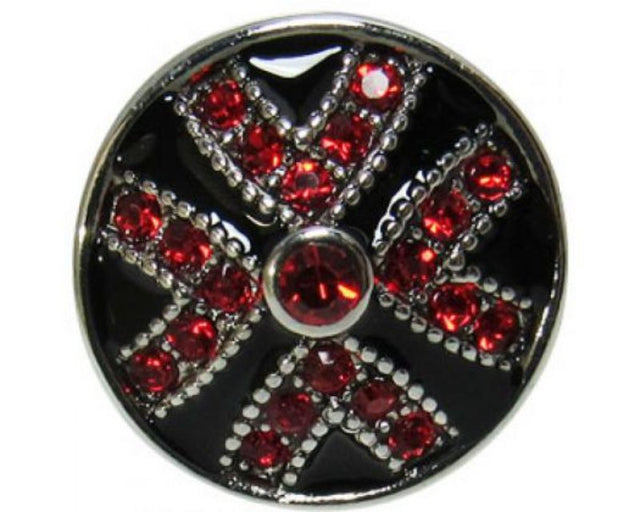Chic snap accessory featuring a red diamante cross, perfect for personalized snap jewelry and versatile fashion.