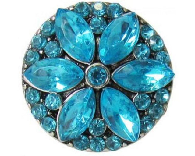 Elegant blue crystal flower snap accessory, perfect for enhancing outfits with shimmering beauty.