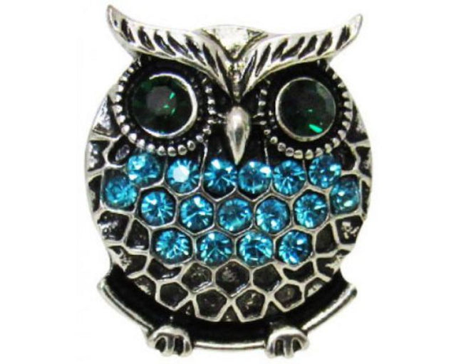 Elegant blue diamantes owl charm from Snaps REDFOX, perfect for adding sparkle to any outfit.