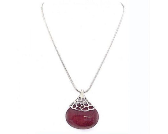 Oval teardrop berry necklace featuring a resin pendant and silver lace bail, perfect for any occasion.