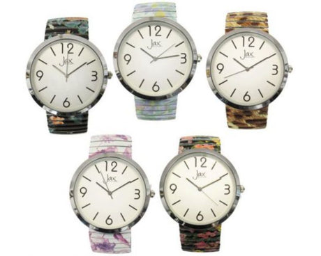Set of five elegant Jax Expand x5 watches with expandable straps and large 40 mm cases for optimal style and visibility.
