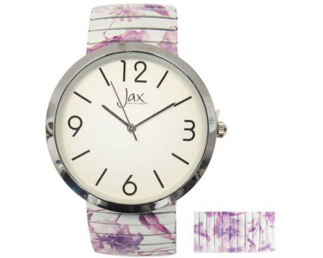 Elegant Jax PurpleFloral Expand watch with floral strap, large 40 mm case, and bold numbers for easy readability.