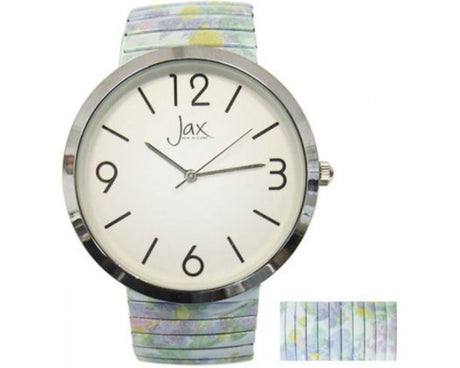 Elegant Jax Blue Dream watch with floral strap, 40 mm case, bold numbers, and Japan Citizen movement.
