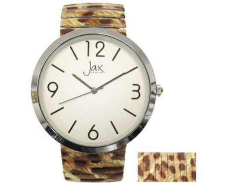 Elegant Jax leopard print watch with 40 mm case and floral expandable strap, featuring bold clear numbers.