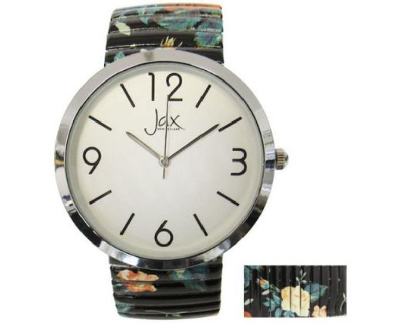 Elegant Jax Roses watch with floral strap, 40 mm case, and clear numbers for stylish timekeeping.