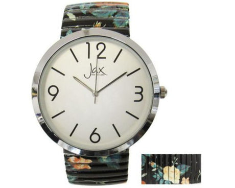Elegant Jax Roses watch with floral strap, 40 mm case, and clear numbers for stylish timekeeping.