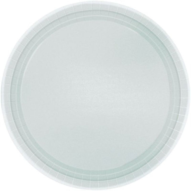 Elegant 17cm round silver paper plates, pack of 20, perfect for eco-friendly dining and stylish events.