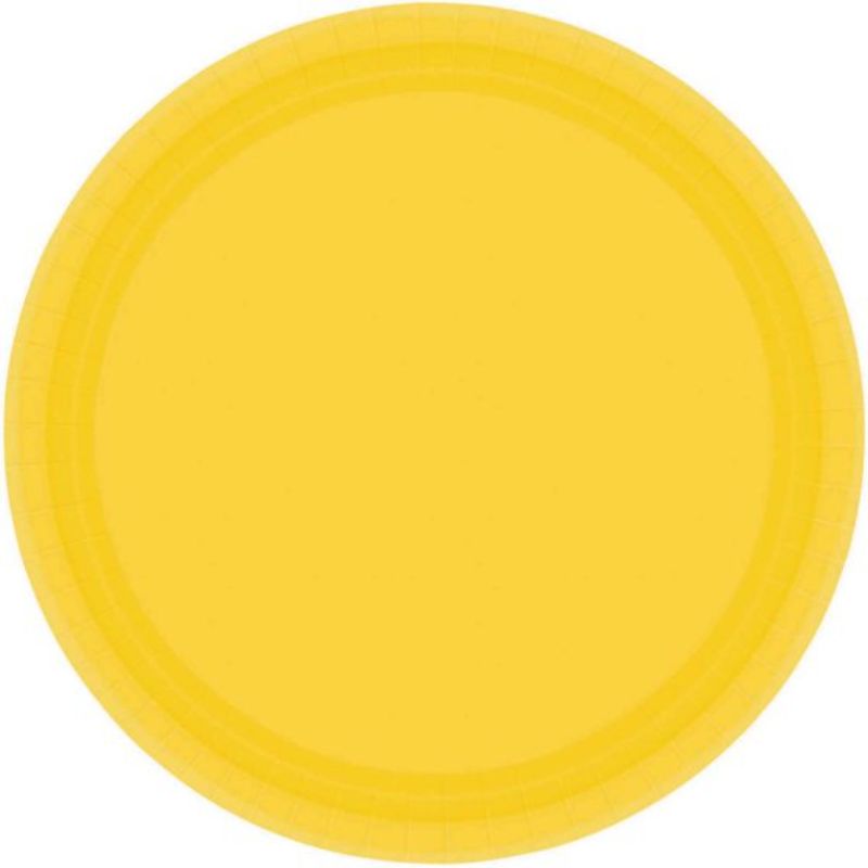 Bright yellow 23cm round paper plates, pack of 20, eco-friendly and biodegradable for hassle-free dining at any event.