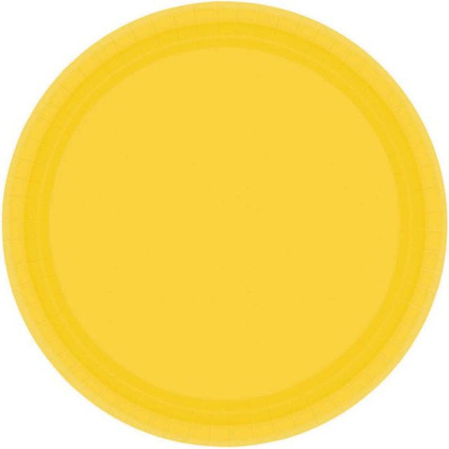 Bright yellow 23cm round paper plates, pack of 20, eco-friendly and biodegradable for hassle-free dining at any event.