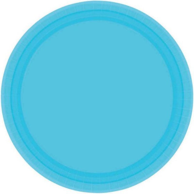 Vibrant Caribbean Blue paper plates, 23cm round, eco-friendly, FSC Mix Certified, pack of 20 for parties and picnics.