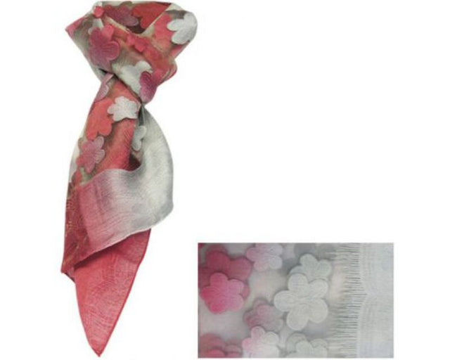 Lightweight sheer scarf featuring floral rose patterns with silver threads, perfect for versatile styling and elegance.