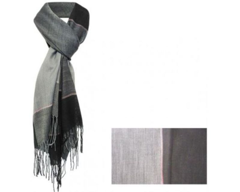 Two-tone silver and black scarf with tassels, lightweight polyester, 70 x 180 cm, perfect for summer and versatile styling.