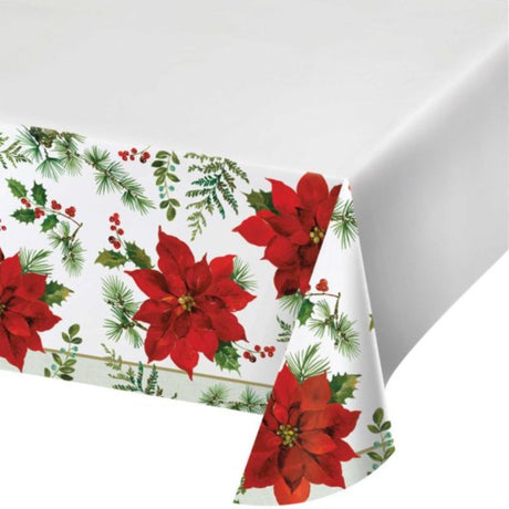 Posh Poinsettia tablecover with vibrant border design, perfect for festive gatherings and holiday celebrations, measuring 137cm x 259cm.