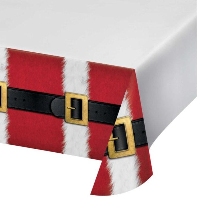 Festive Santa's Suit tablecover, 137cm x 259cm, perfect for Christmas gatherings and easy cleanup.