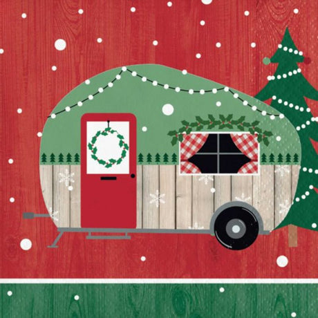 Pack of 16 Christmas Campers Beverage Napkins featuring festive camper designs, perfect for seasonal celebrations and parties.