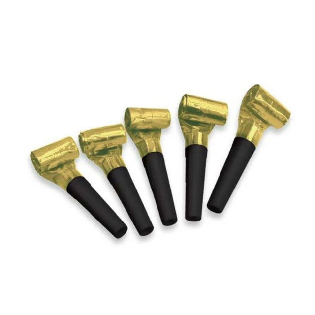 Happy New Year black and gold blowouts pack, 24 festive party decorations for celebrations and gatherings.