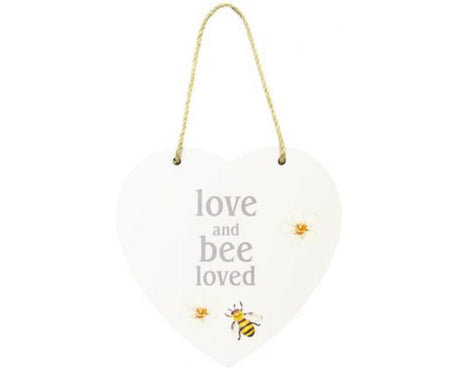 Heart-shaped MDF sign with 'Love, and Bee Loved' message, twine hanger, perfect for home decor.