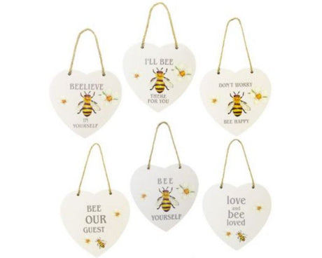 Set of 6 bee and heart shaped MDF hangers with twine, perfect for adding charm to any room.