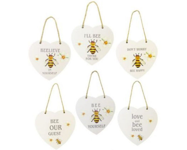 Set of 6 bee and heart shaped MDF hangers with twine, perfect for adding charm to any room.