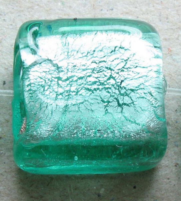 Beads - Glass Foil Beads - 12x12x7 Silver Foil Square 4be  - Set of 3  GREEN