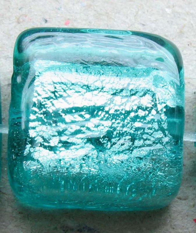 Beads - Glass Foil Beads - 12x12x7 Silver Foil Square 4be  - Set of 3  TEAL