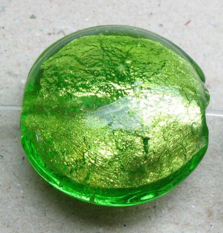 Beads - Glass Foil Beads - 19x20x11 Rd Flat Foil 2beads  - Set of 5  LIME
