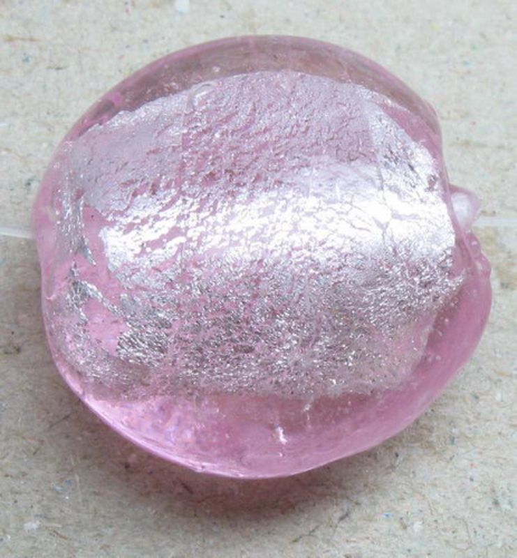 Beads - Glass Foil Beads - 19x20x11 Rd Flat Foil 2beads  - Set of 5  PINK