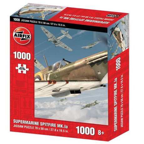 1000-piece Airfix puzzle of the iconic Supermarine Spitfire MK.Ia, showcasing a dynamic aerial image in stunning detail.