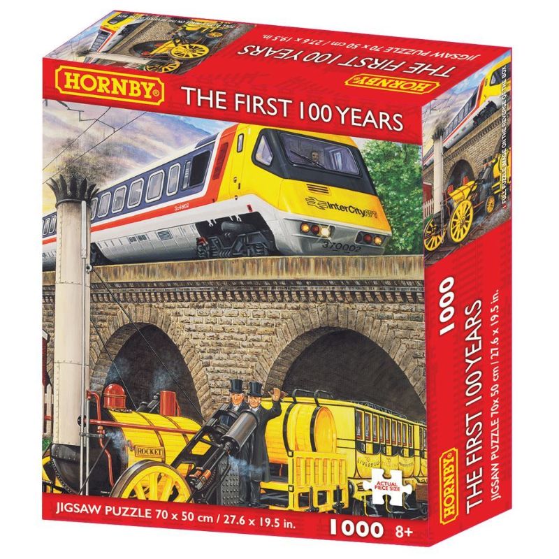 1000-piece Hornby jigsaw puzzle featuring iconic trains like InterCity APT and Stephenson's Rocket, ideal for railway fans.