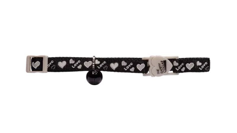 Cat Collar - Reflective Love Hearts (Black)