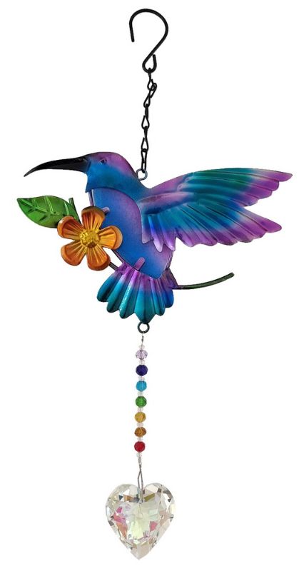 Hanging Decoration - Hummingbird with Crystal Heart (Blue)