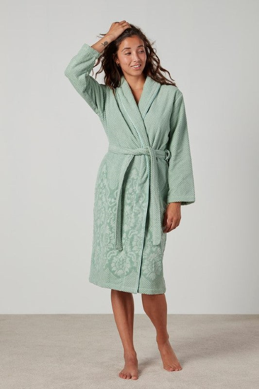 Gia Ming Green bathrobe in jacquard floral design, featuring shawl collar, pockets, and waist tie, made from 100% cotton.