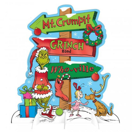 Dr. Seuss The Grinch directional sign decoration, 34cm cardboard, vibrant colors, perfect for festive gatherings.
