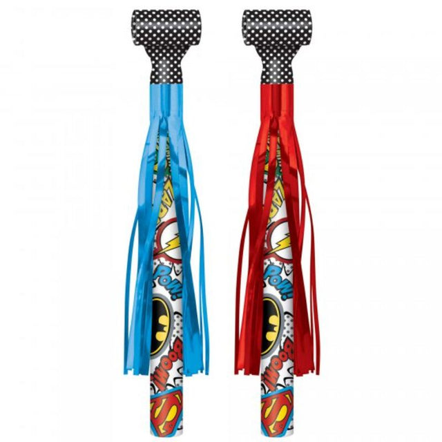 Justice League Heroes Unite Blowouts with shiny foil fringes, featuring iconic superheroes, for epic party celebrations.
