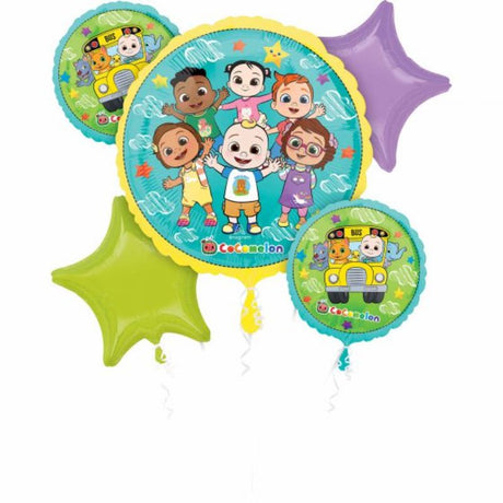 Vibrant Cocomelon balloon bouquet featuring 1 unique shape and 4 standard foil balloons, perfect for festive celebrations.