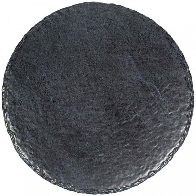 Premium round 35cm slate-look tray, durable melamine, ideal for serving appetizers and drinks at gatherings.