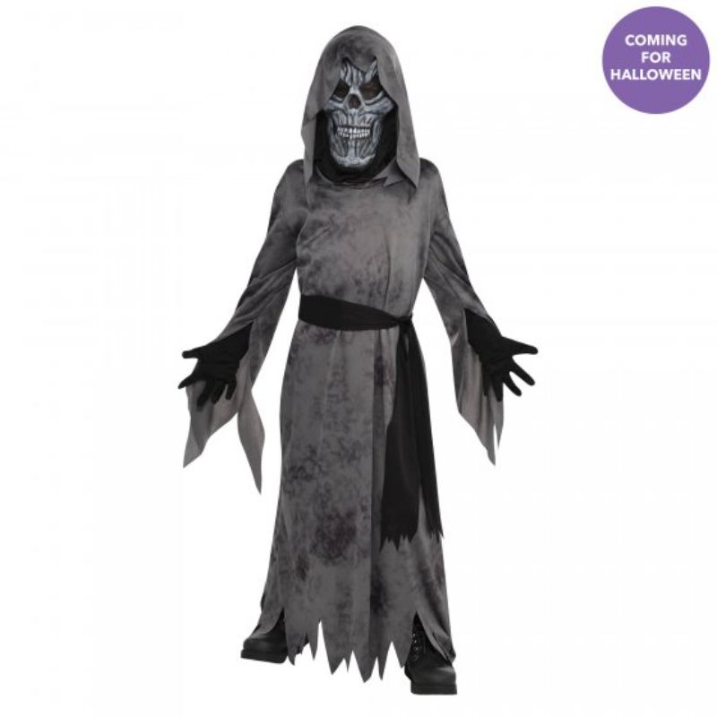 Boys' Ghastly Ghoul costume featuring a hooded robe, belt, and mask for a spooky Halloween look, sizes 4-6 years.